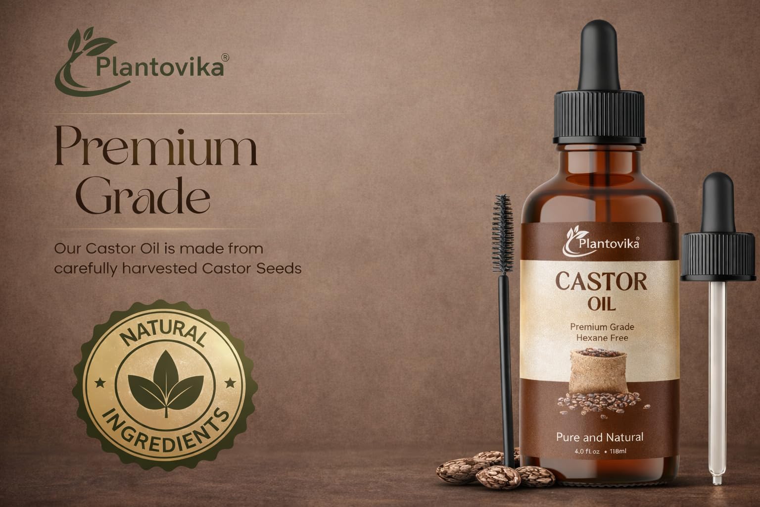 Plantovika Castor Oil for Hair, Lashes, Face, 100% Pure, Cold Pressed, Hexane Free Hair Oil. Eyelash Serum for Thicker-Looking Eyelashes & Eyebrows