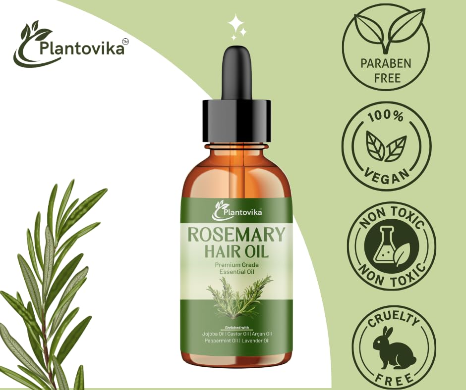 Plantovika Rosemary Oil for Hair Growth, Enriched with Jojoba, Castor, Argan, Peppermint & Lavender Oils, Scalp & Hair Strengthening Treatment