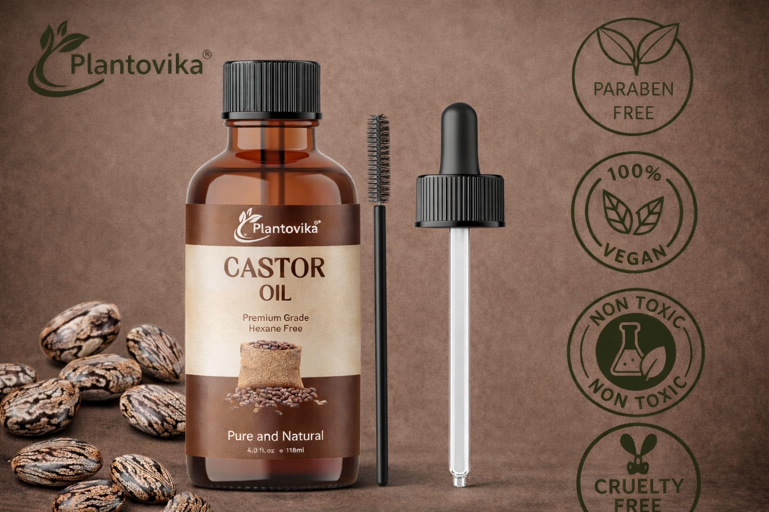 Plantovika Castor Oil for Hair, Lashes, Face, 100% Pure, Cold Pressed, Hexane Free Hair Oil. Eyelash Serum for Thicker-Looking Eyelashes & Eyebrows