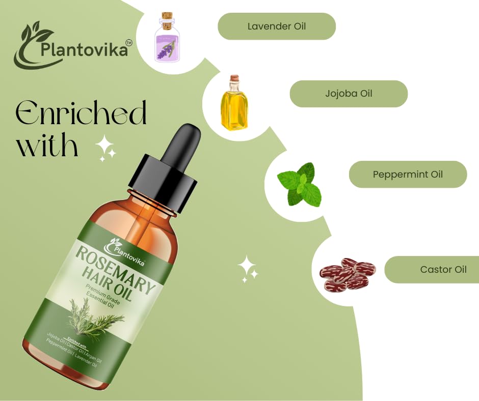 Plantovika Rosemary Oil for Hair Growth, Enriched with Jojoba, Castor, Argan, Peppermint & Lavender Oils, Scalp & Hair Strengthening Treatment
