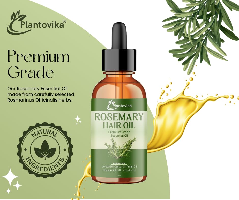 Plantovika Rosemary Oil for Hair Growth, Enriched with Jojoba, Castor, Argan, Peppermint & Lavender Oils, Scalp & Hair Strengthening Treatment
