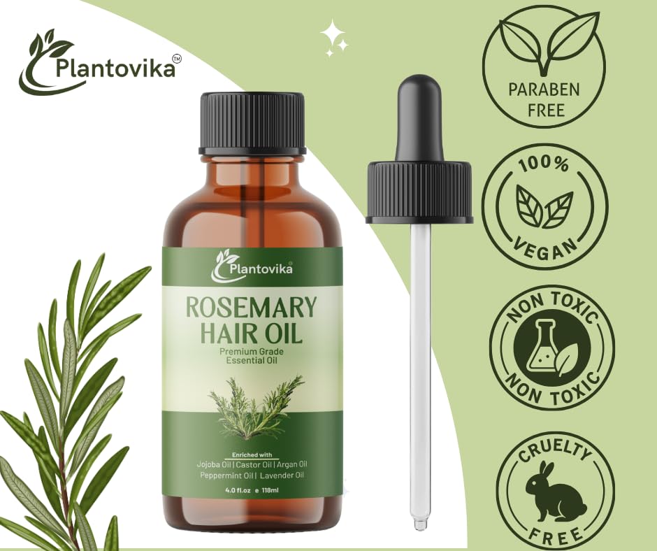 Plantovika Rosemary Oil for Hair Growth, Enriched with Jojoba, Castor, Argan, Peppermint & Lavender Oils, Scalp & Hair Strengthening Treatment