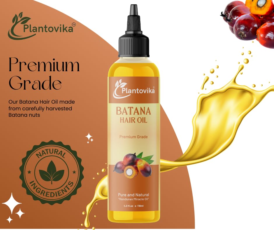 Plantovika Pure Honduran Batana Oil, Cold-Pressed Organic Hair Growth and Skin Care Treatment, Natural Unrefined Moisturizer for All Hair Types, Rich in Vitamin E and Antioxidants