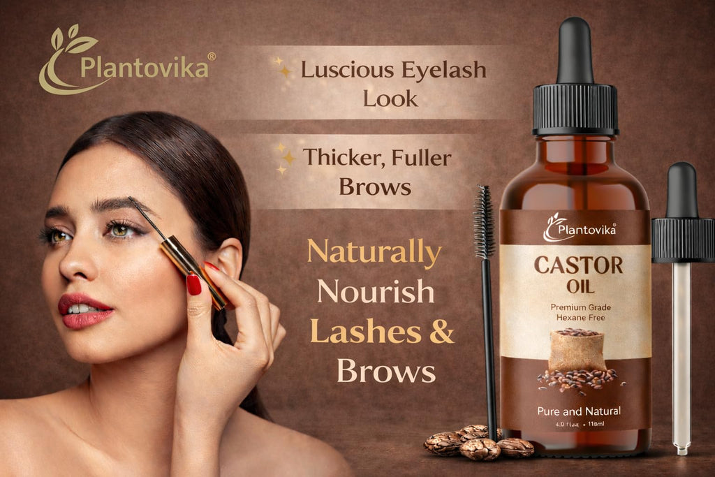 Plantovika Castor Oil for Hair, Lashes, Face, 100% Pure, Cold Pressed, Hexane Free Hair Oil. Eyelash Serum for Thicker-Looking Eyelashes & Eyebrows