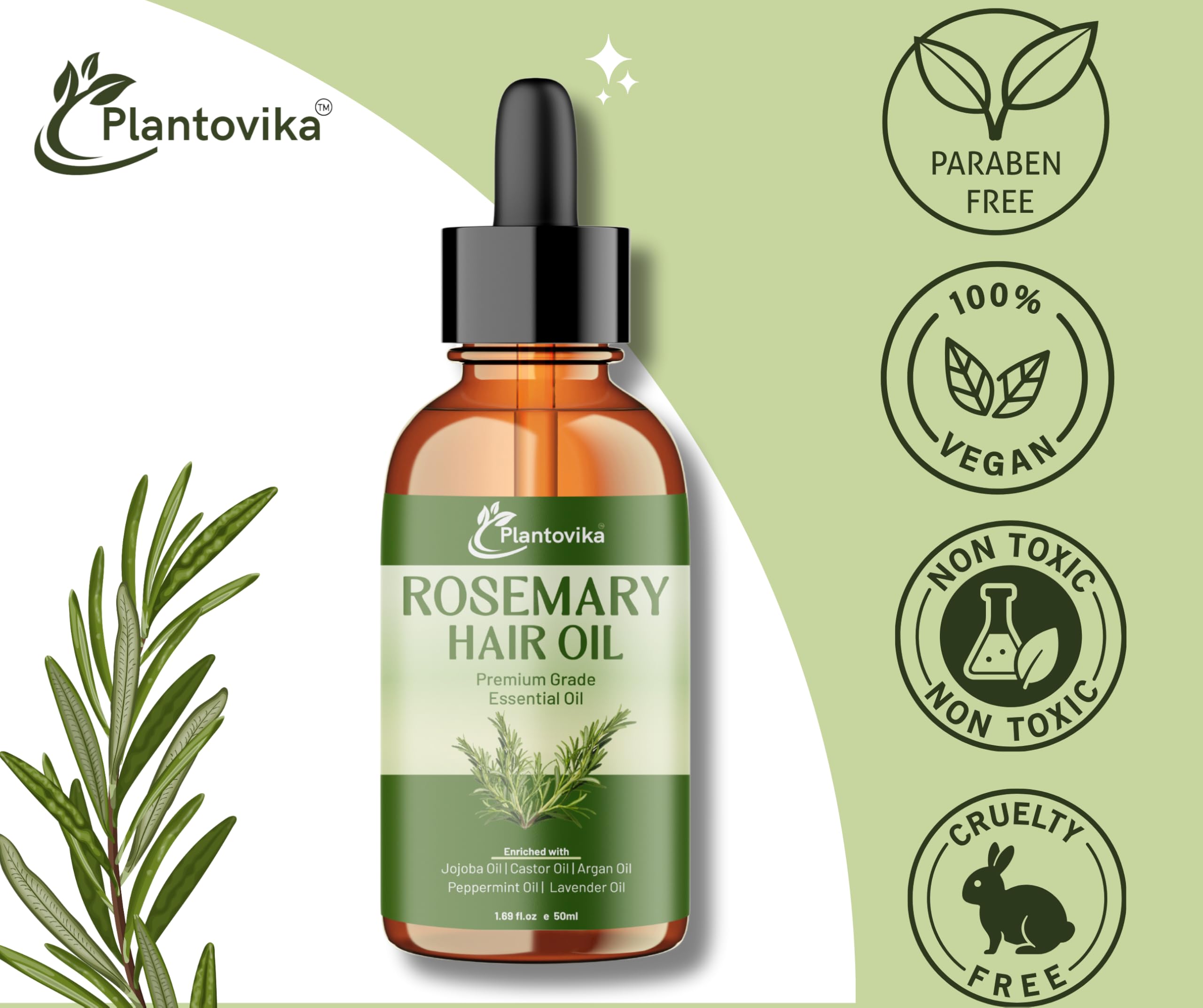 Plantovika Rosemary Oil for Hair Growth, Enriched with Jojoba, Castor, Argan, Peppermint & Lavender Oils, Scalp & Hair Strengthening Treatment