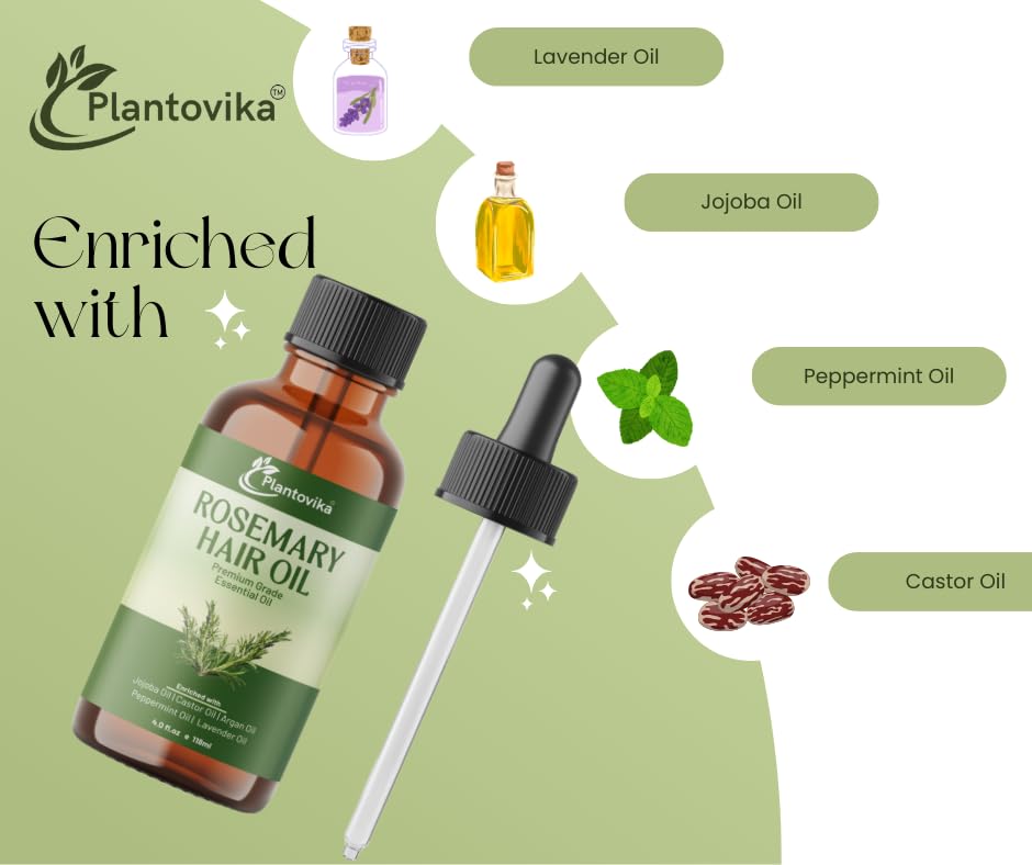 Plantovika Rosemary Oil for Hair Growth, Enriched with Jojoba, Castor, Argan, Peppermint & Lavender Oils, Scalp & Hair Strengthening Treatment