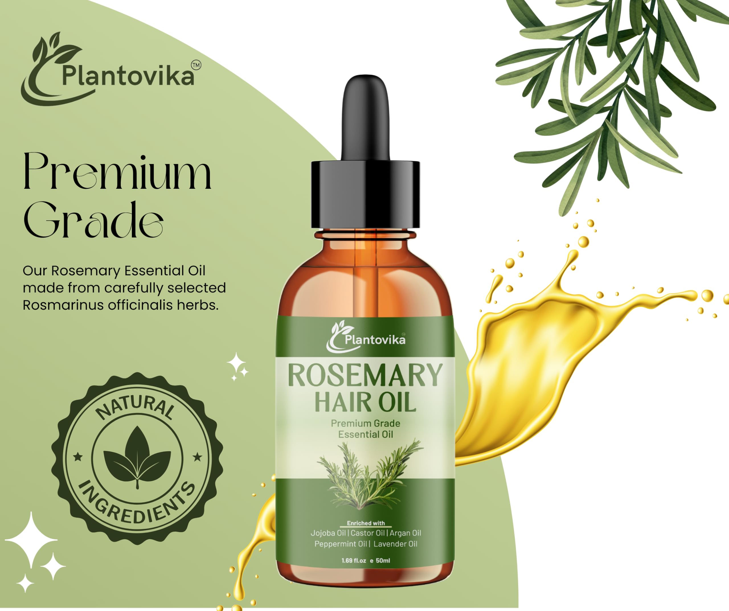 Plantovika Rosemary Oil for Hair Growth, Enriched with Jojoba, Castor, Argan, Peppermint & Lavender Oils, Scalp & Hair Strengthening Treatment