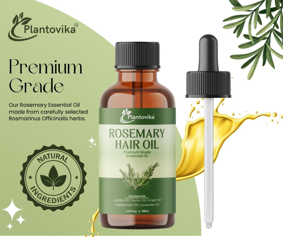 Plantovika Rosemary Oil for Hair Growth, Enriched with Jojoba, Castor, Argan, Peppermint & Lavender Oils, Scalp & Hair Strengthening Treatment